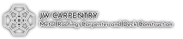 JW Carpentry logo with geometric icon and text for metal roofing, carpentry, and deck construction