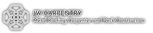 JW Carpentry logo with geometric icon and text for metal roofing, carpentry, and deck construction