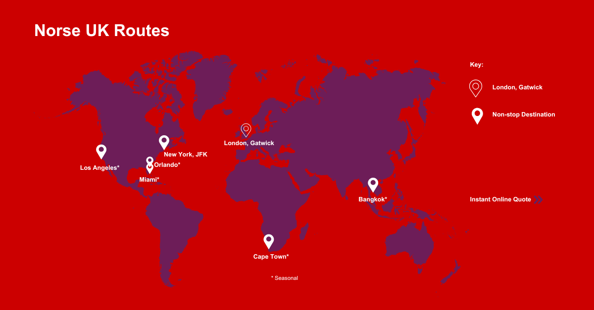 A map of the Norse UK Routes from London, Gatwick. Get an Online Quote.