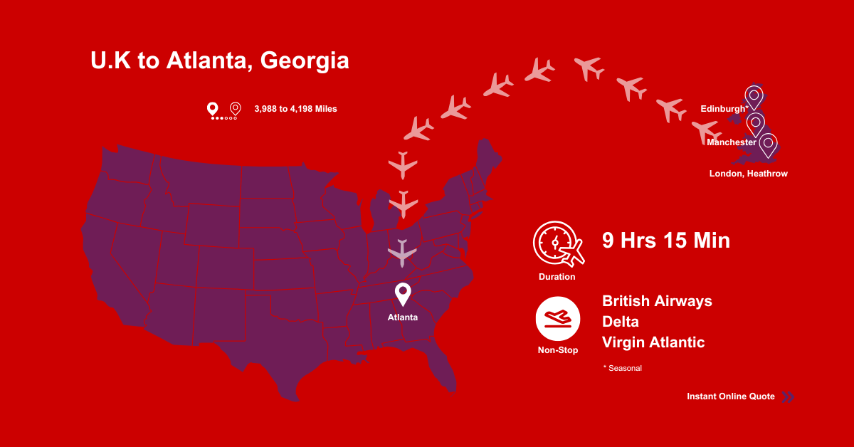 A map of the United States showing flights from U.K to Atlanta , Georgia
