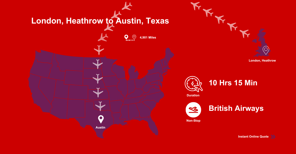 A map of the United States showing flights from London , Heathrow to Austin , Texas