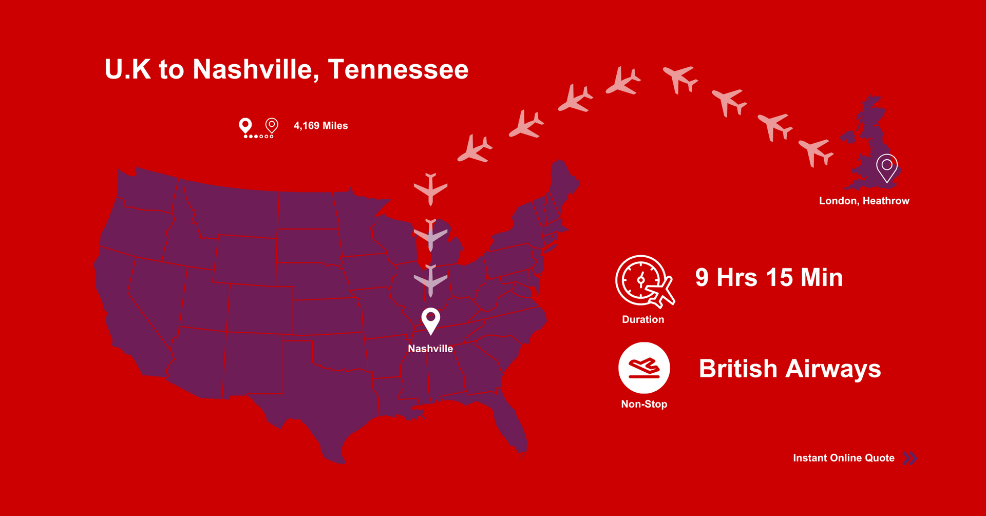 A map of the United States showing flights from U.K to Nashville , Tennessee