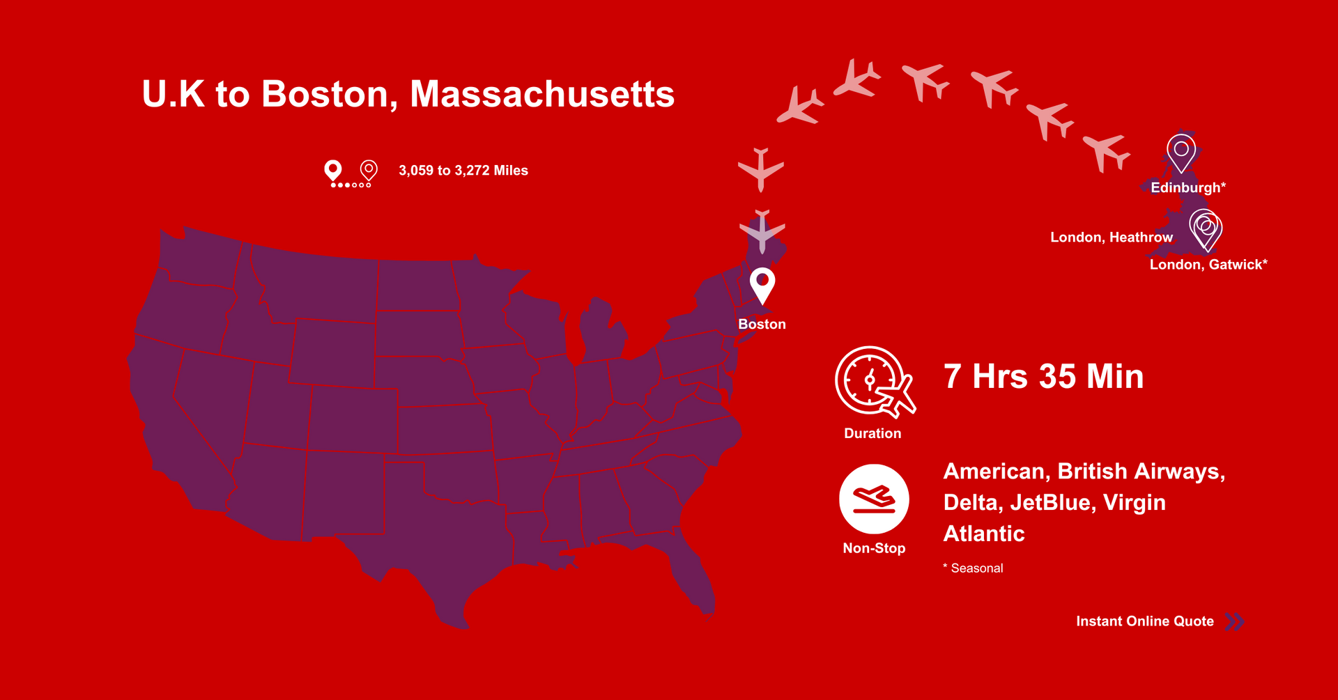 A map of the United States showing flights from U.K to Boston, Massachusetts