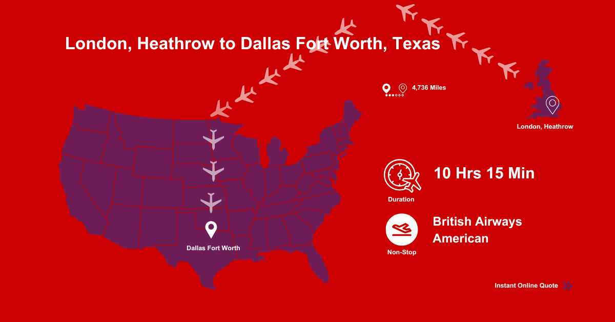 A map of the United States showing flights from London , Heathrow to Dallas , Texas