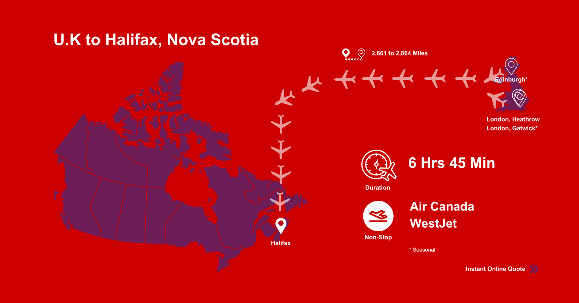 A map of Canada showing flights from U.K to Halifax , Nova Scotia