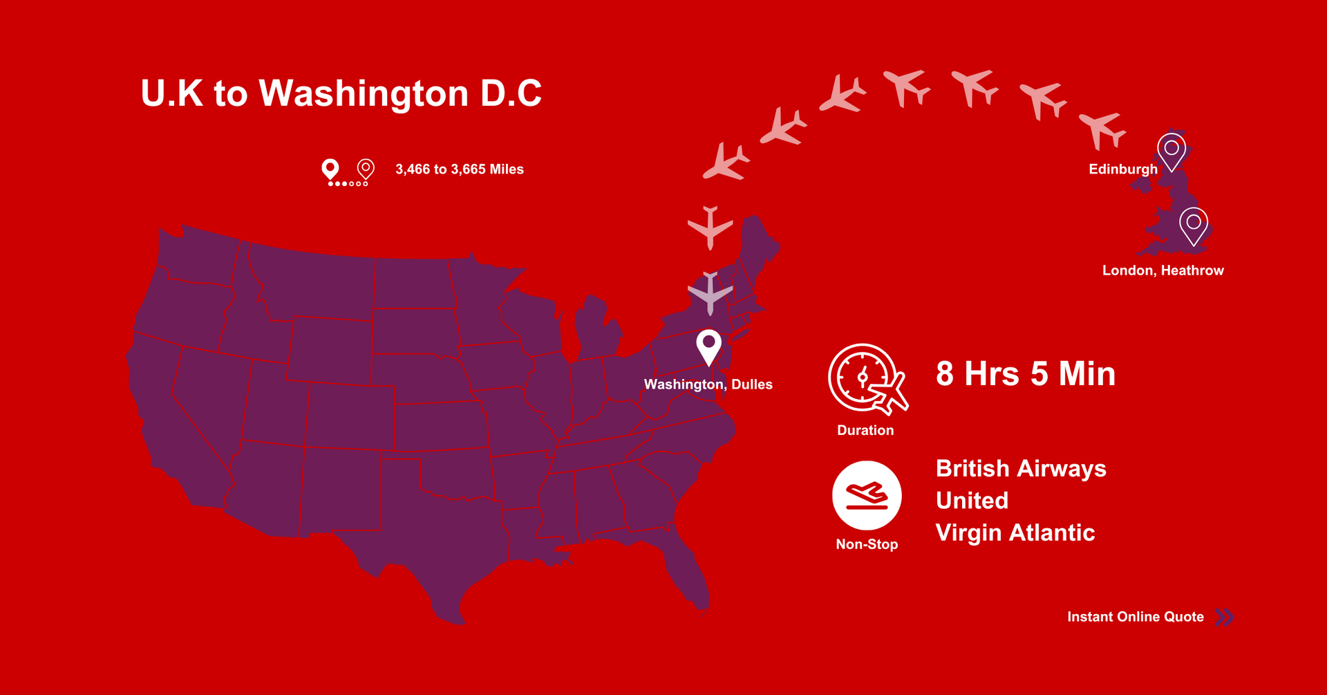 A map of the United States showing flights from U.K to Washington D.C.