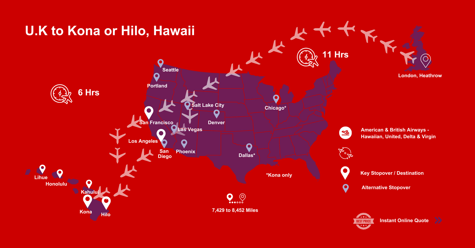 A map of the United States showing flights from U.K to Kona and Hilo on the Big Island of Hawaii