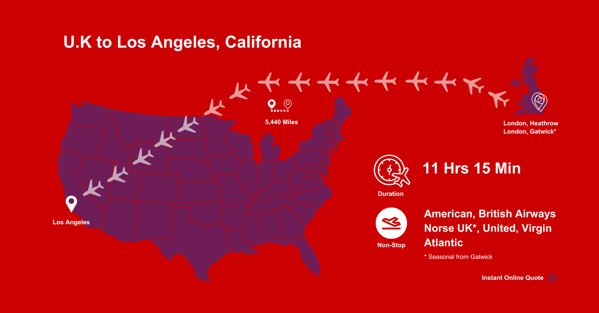 A map of the United States showing flights from U.K to Los Angeles , California
