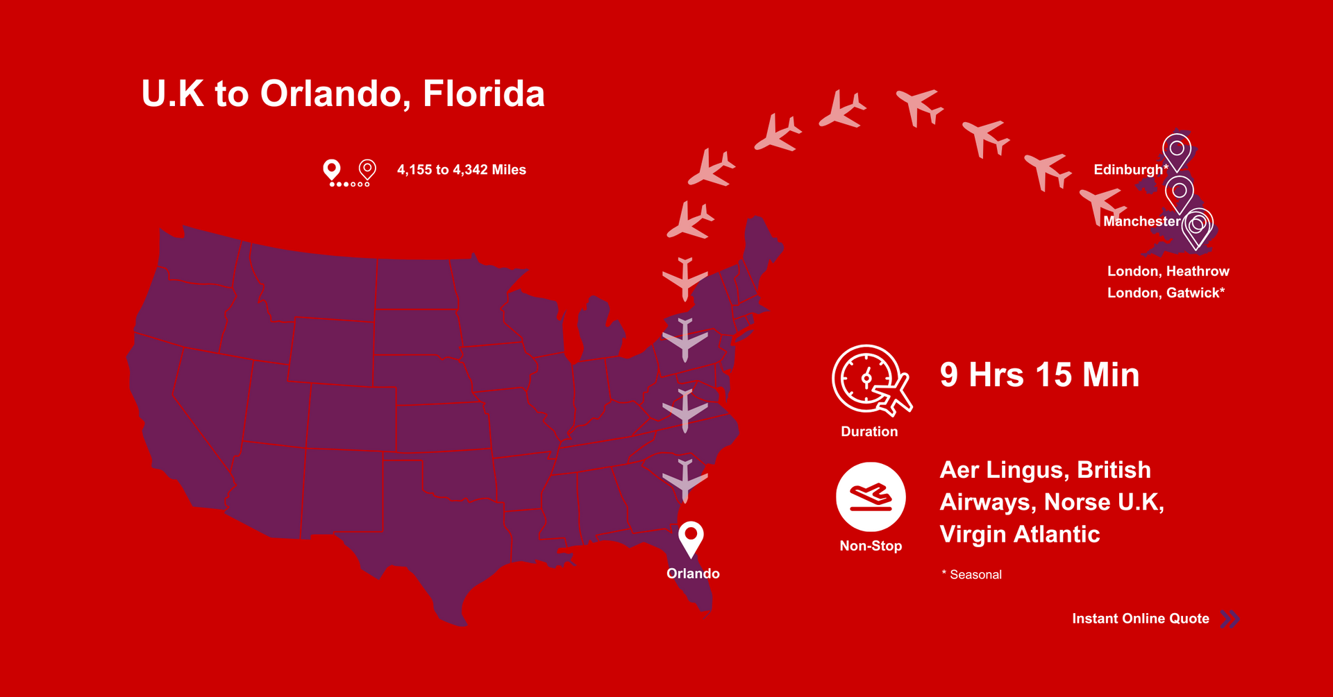 A map of the United States showing flights from U.K to Orlando , Florida