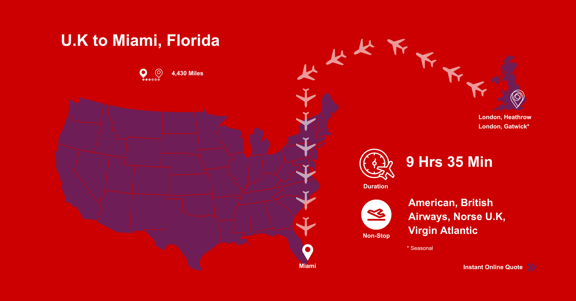 A map of the United States showing flights from U.K to Miami , Florida