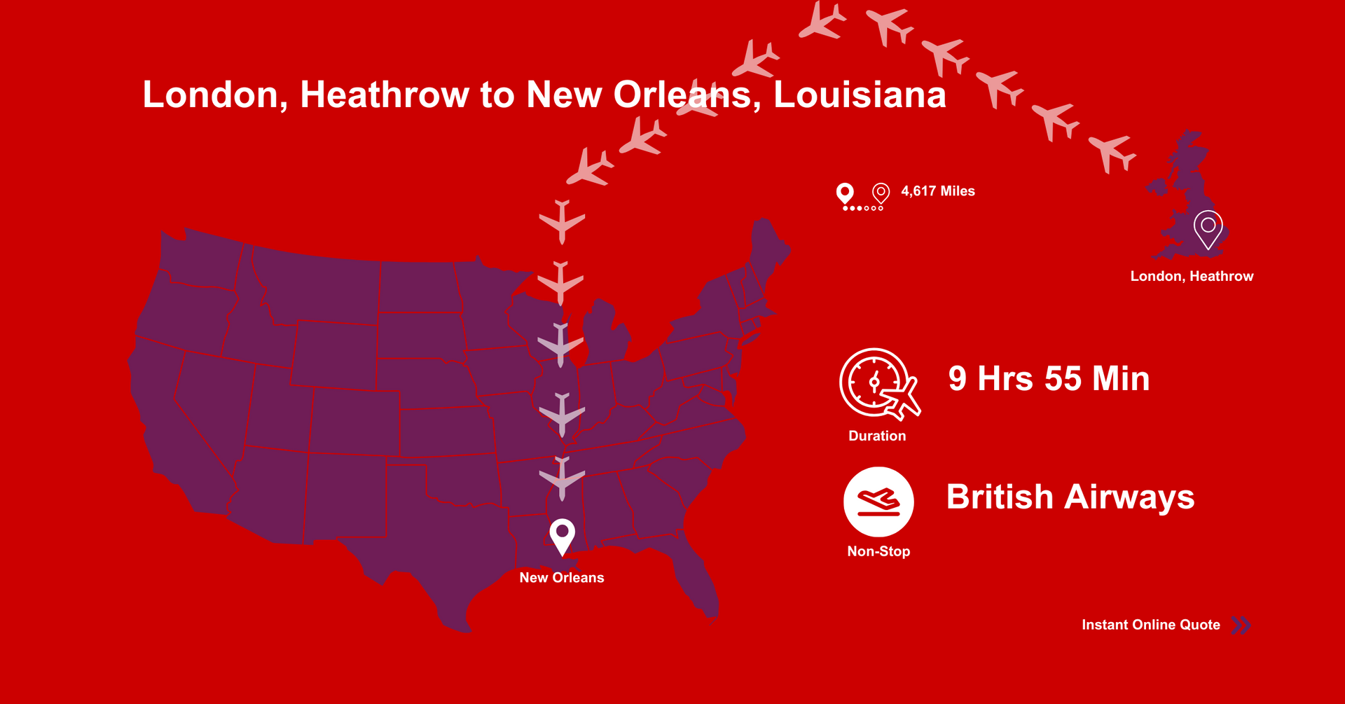 A map of the United States showing flights from U.K to New Orleans