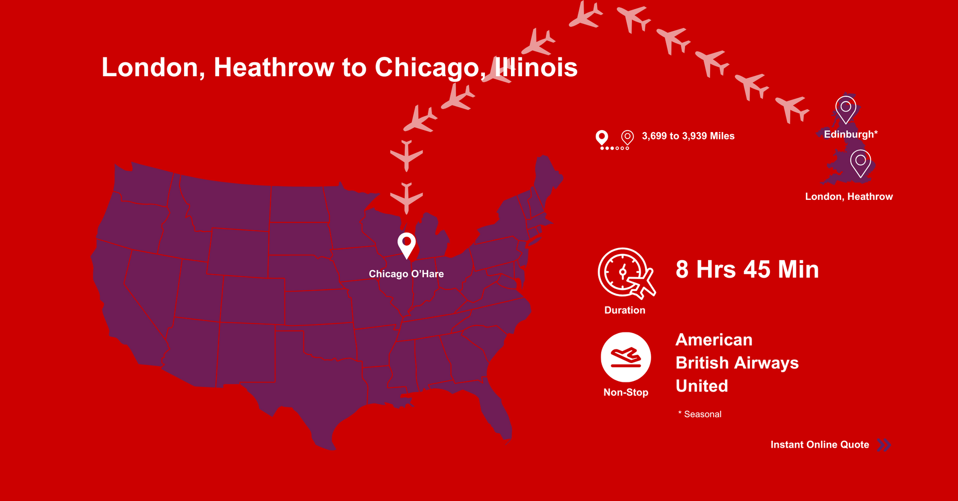 A map of the United States showing flights from U.K to Chicago, Illinois