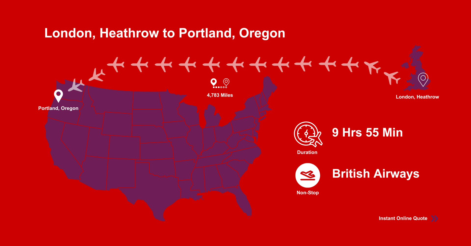 A map of the United States showing flights from London , Heathrow to Portland , Oregon