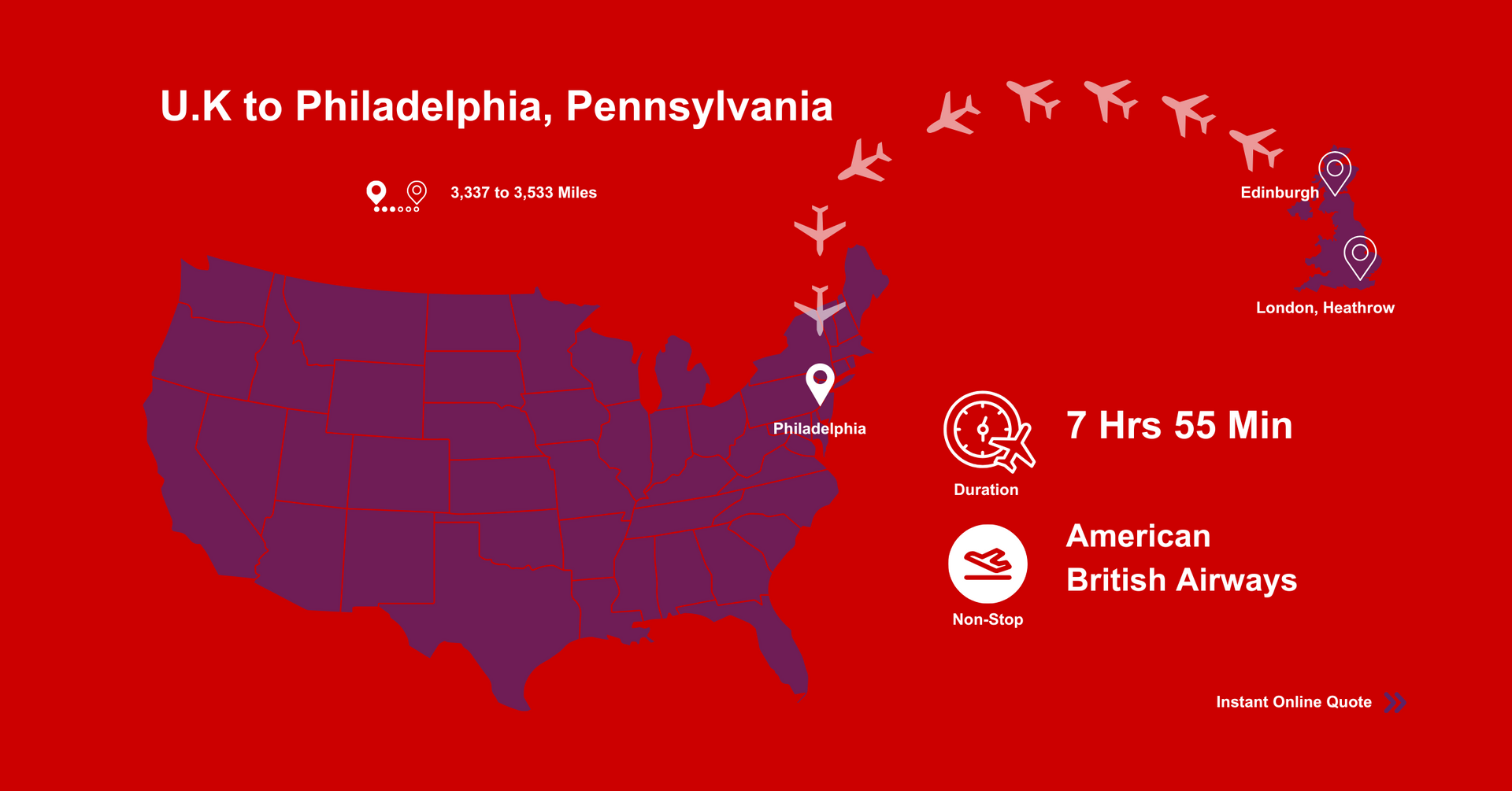 A map of the United States showing flights from U.K to Philadelphia