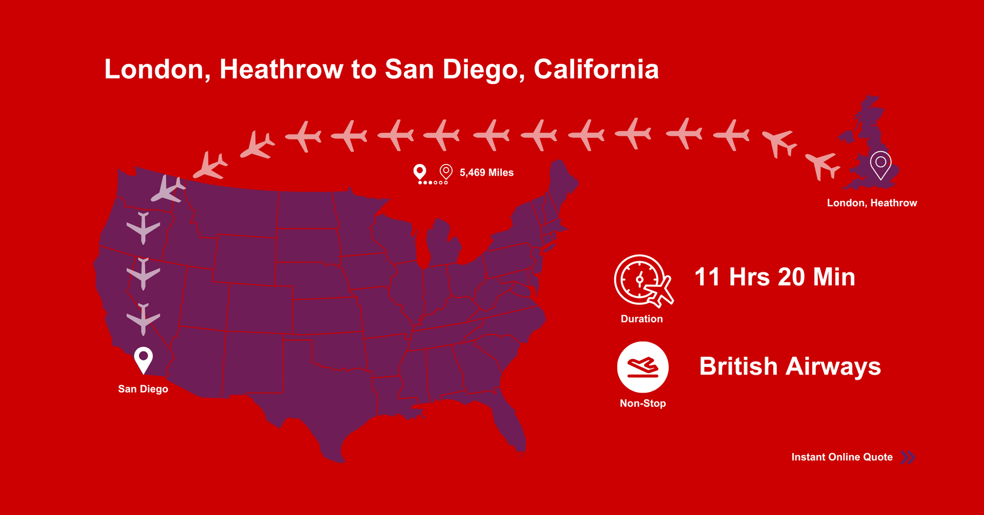 A map of the United States showing flights from London , Heathrow to San Diego , California