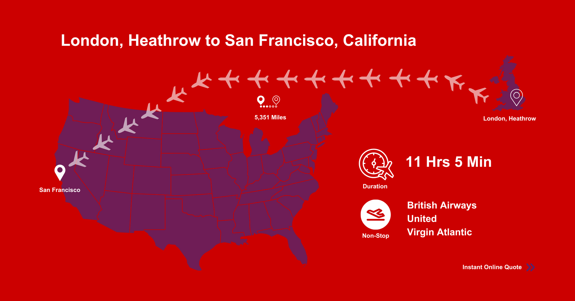 A map of the United States showing flights from London , Heathrow to San Francisco , California