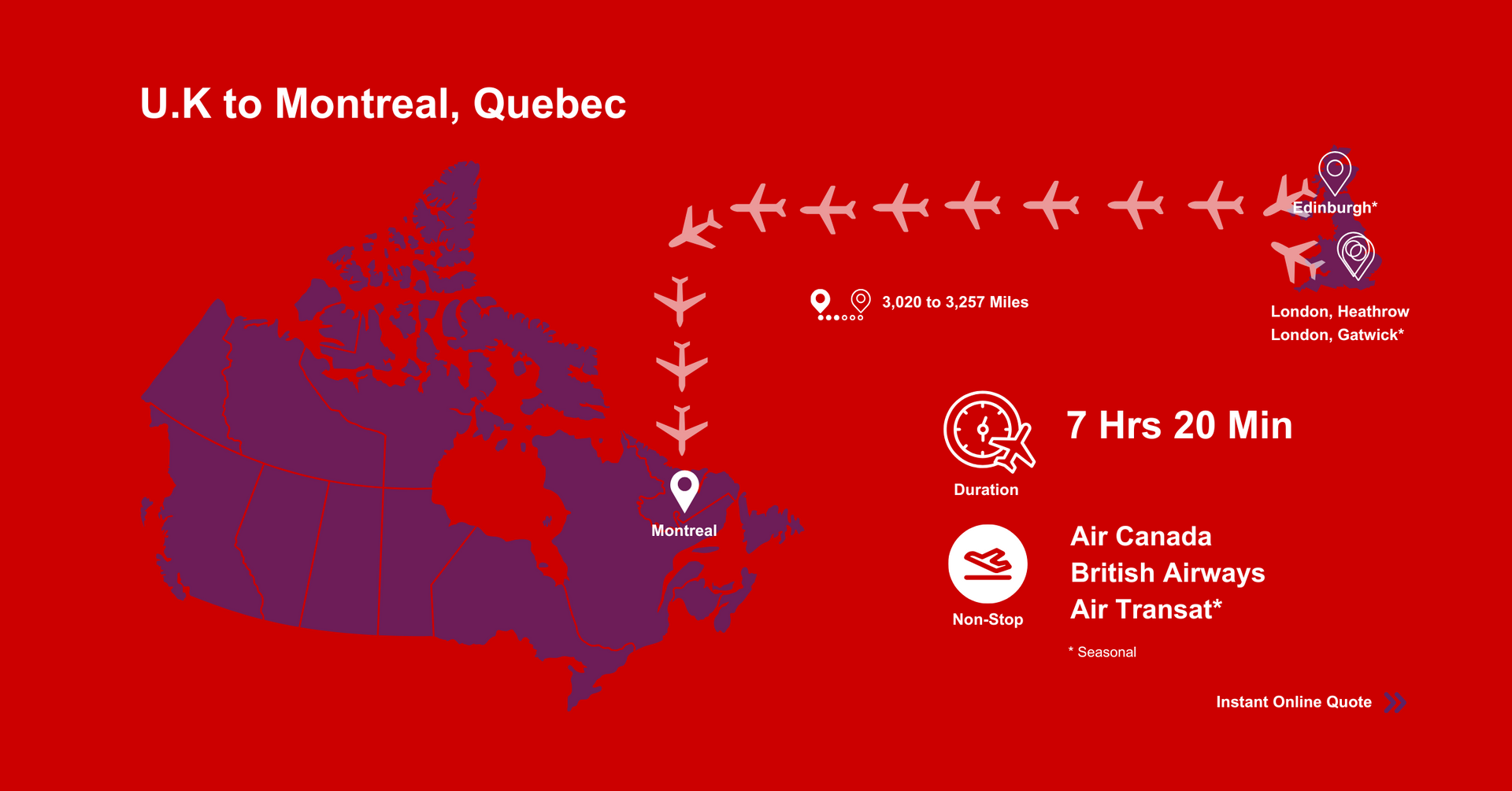 A map of Canada showing flights from U.K to Montreal , Quebec