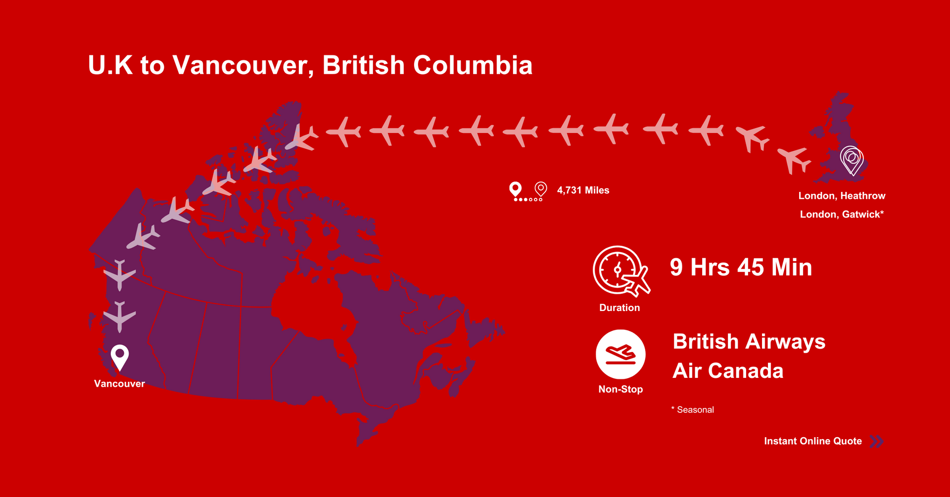 A map of the United States showing flights from U.K to Vancouver , British Columbia