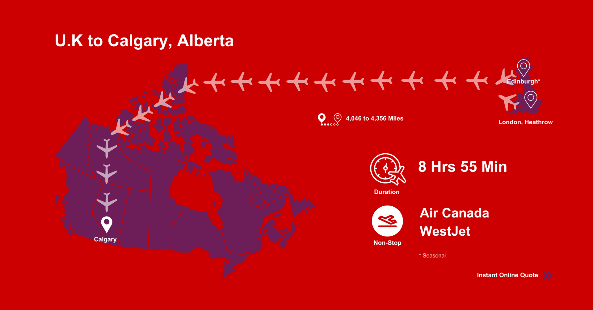 A map of Canada showing flights from U.K to Calgary , Alberta