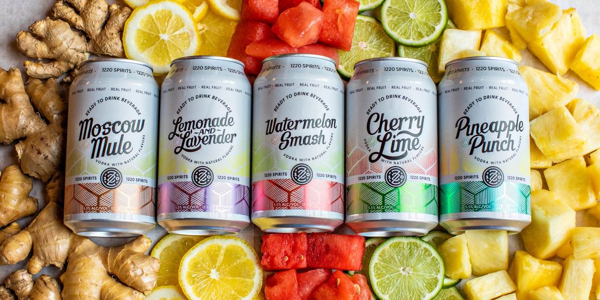 Cans of 1220 Spirits ready-to-drink cocktails