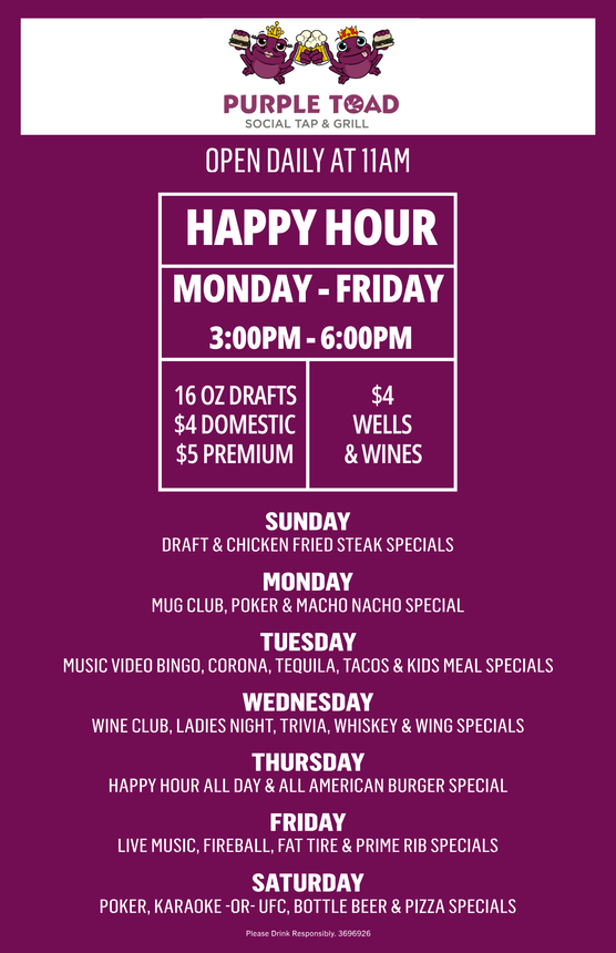 Food drinks and social atmosphere at Purple Toad Social Tap & Grill Menu