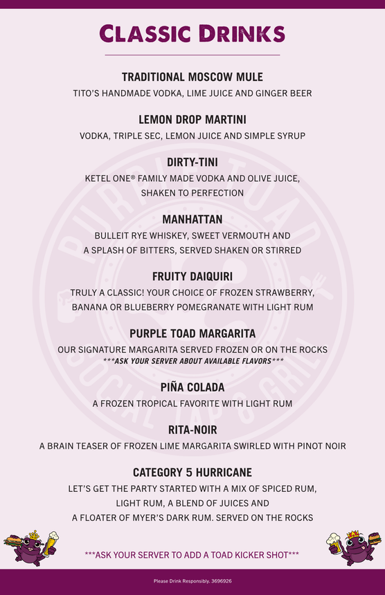 Food drinks and social atmosphere at Purple Toad Social Tap & Grill Menu