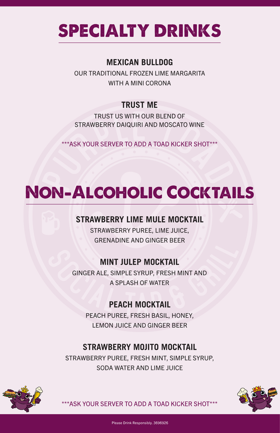 Food drinks and social atmosphere at Purple Toad Social Tap & Grill Menu