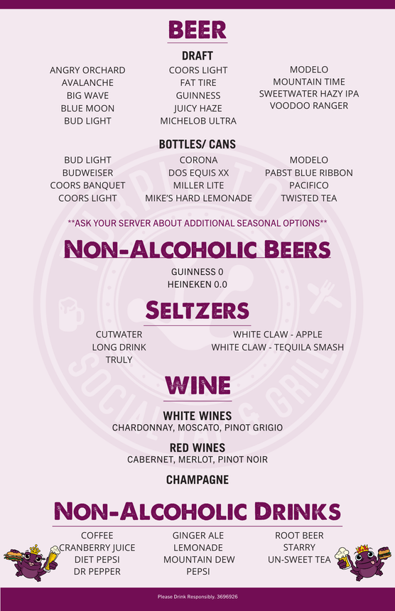 Food drinks and social atmosphere at Purple Toad Social Tap & Grill Menu