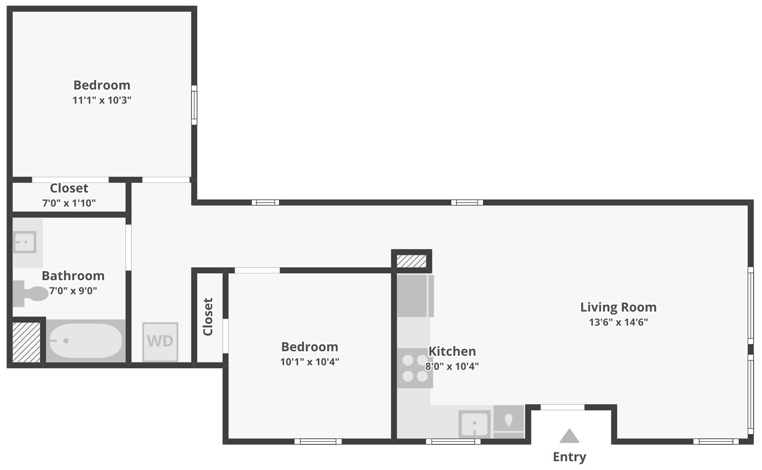 Black-and-white apartment floor plan with bedrooms, bathroom, kitchen, living room, and entry.