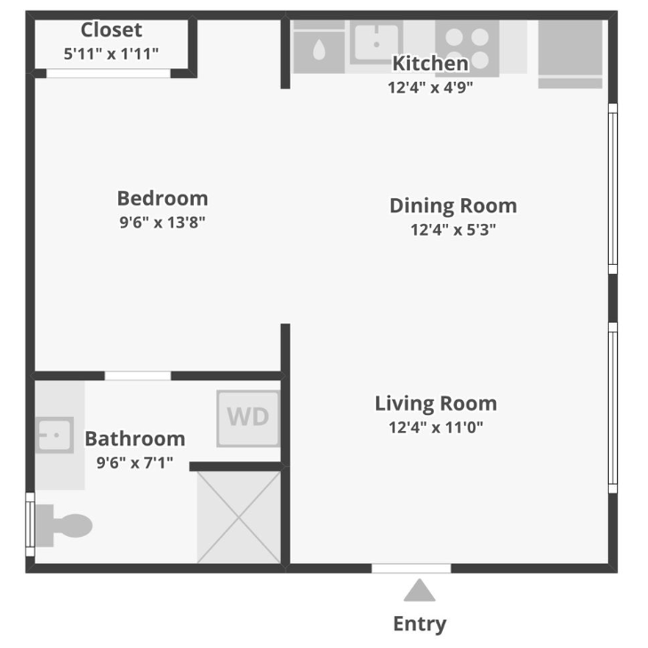 Floor plan of a one-bedroom apartment with kitchen, dining room, living room, bathroom, closet, and entry.