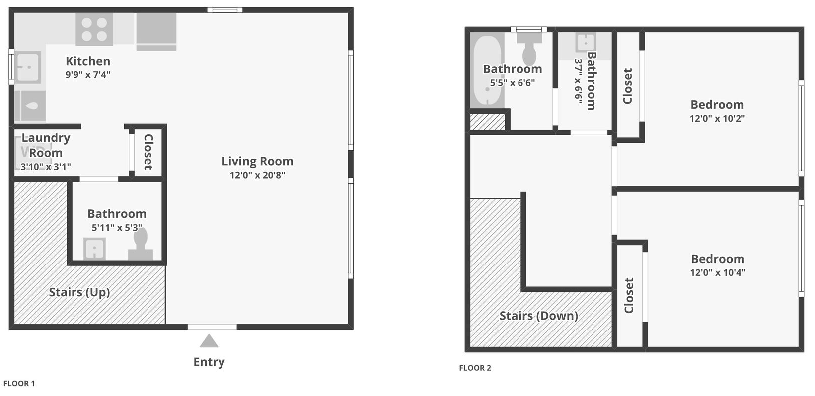 Two black-and-white apartment floor plans showing a 1-bedroom layout and a 2-bedroom layout.