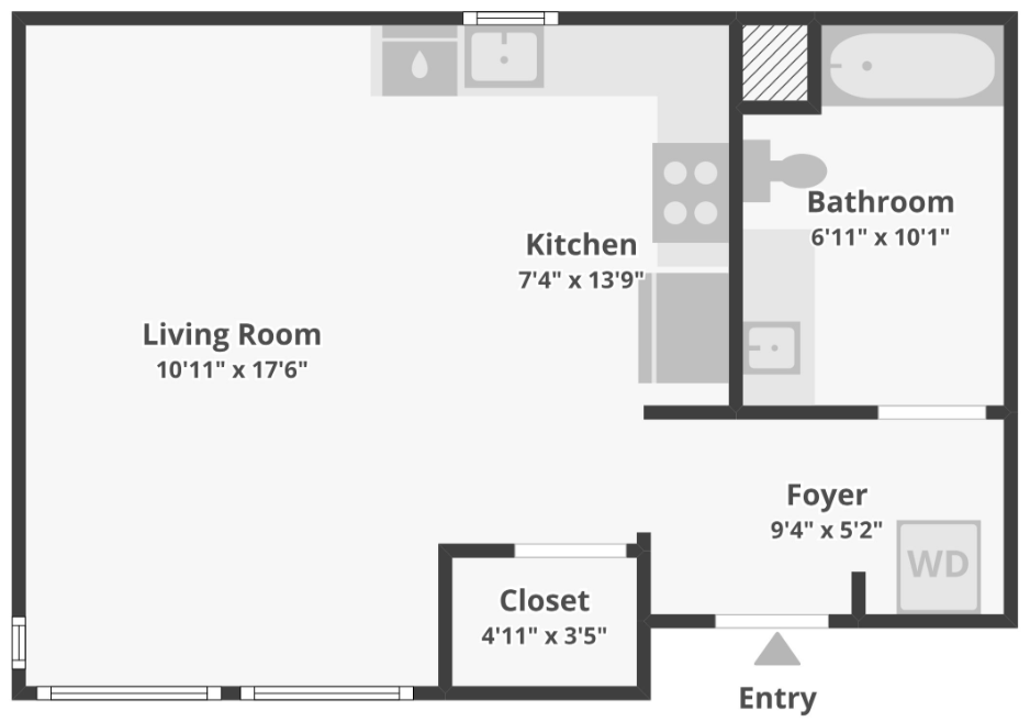 Apartment floor plan showing living room, kitchen, bathroom, foyer, closet, and entry.