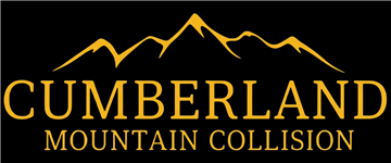 Cumberland Mountain Collision logo with gold mountain outline and text on white background