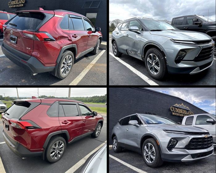 Collage of red and silver SUVs parked in a lot, shown from front and rear angles.