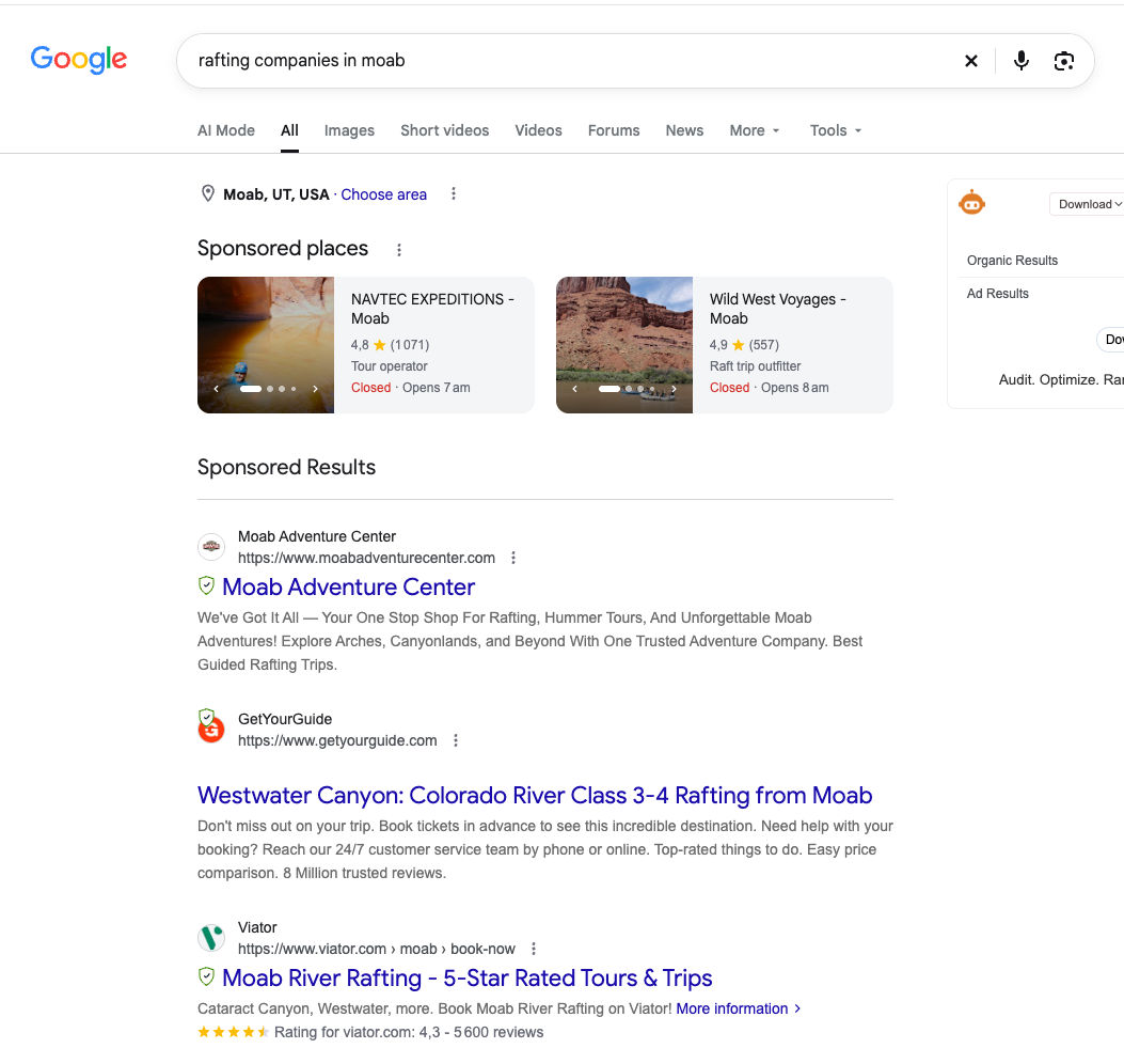 Google search results page with sponsored travel listings and a map panel on the right