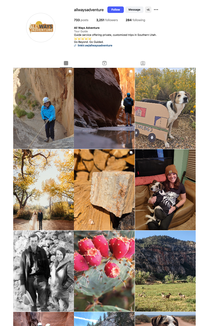 Instagram profile with grid of outdoor photos.