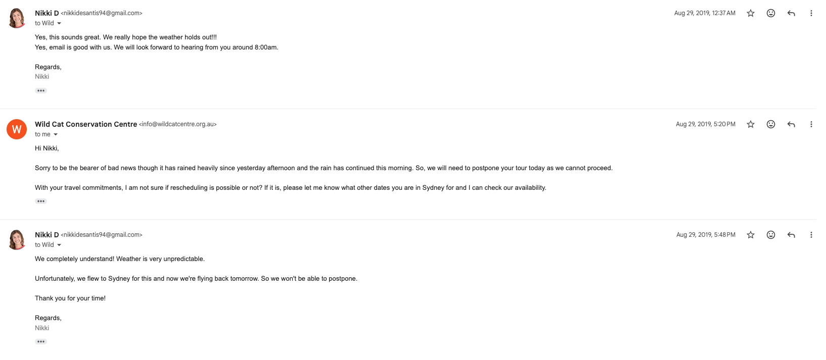 A screenshot showing a three-message email conversation between Heidi B. and the MCCS Consumer Care Center.