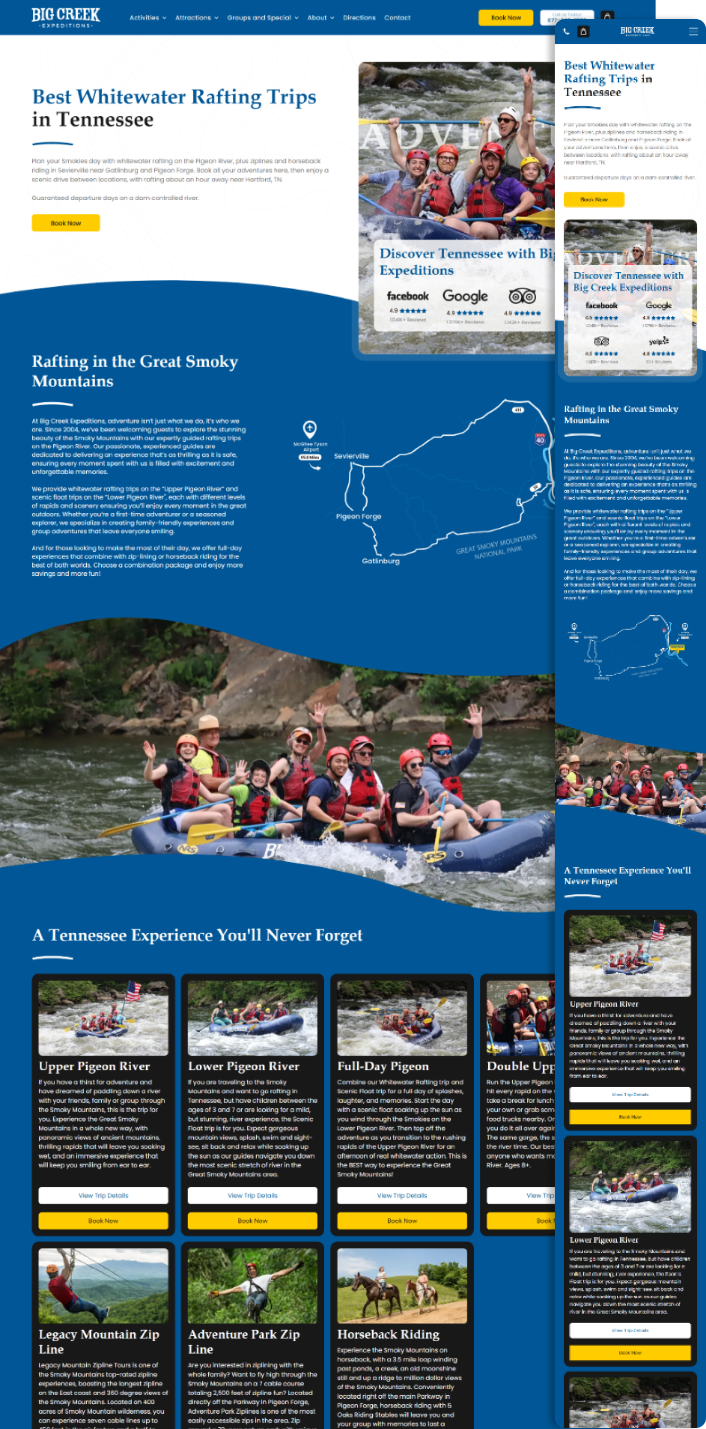 Travel website homepage with blue design, mountain-climbing banner, rafting photo, and article tiles below