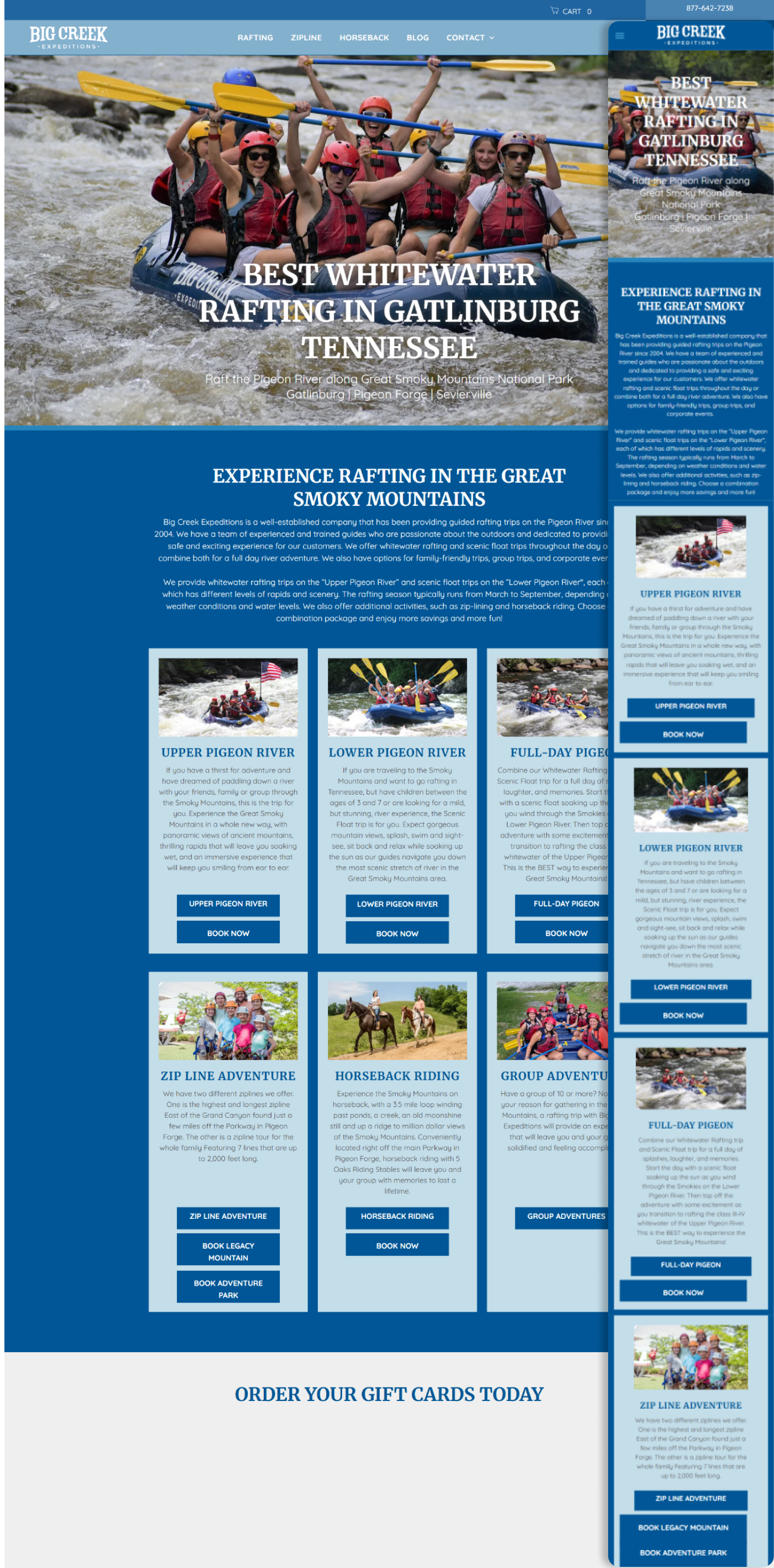 Blue resort webpage with a rafting hero photo, navigation bar, and trip package cards below