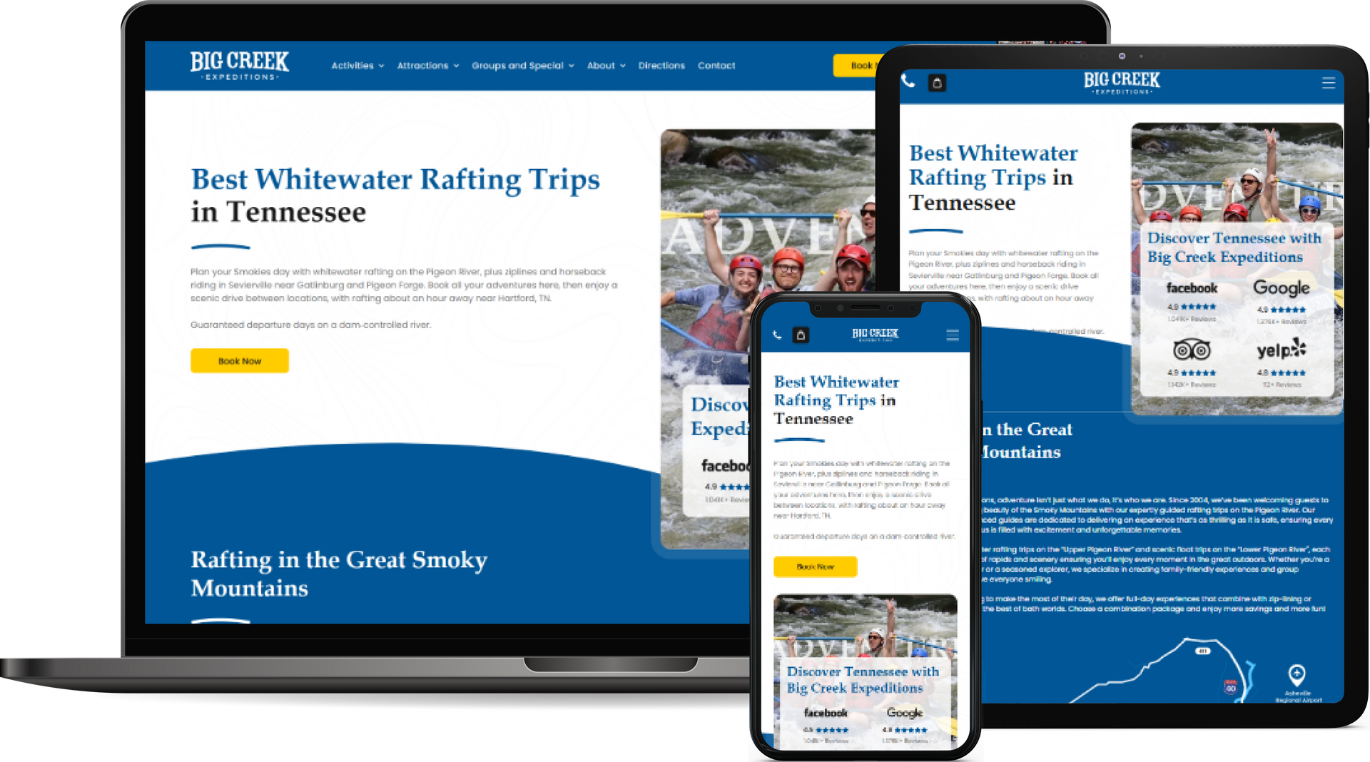 Responsive travel website shown on laptop, phone, and tablet with blue and white layout
