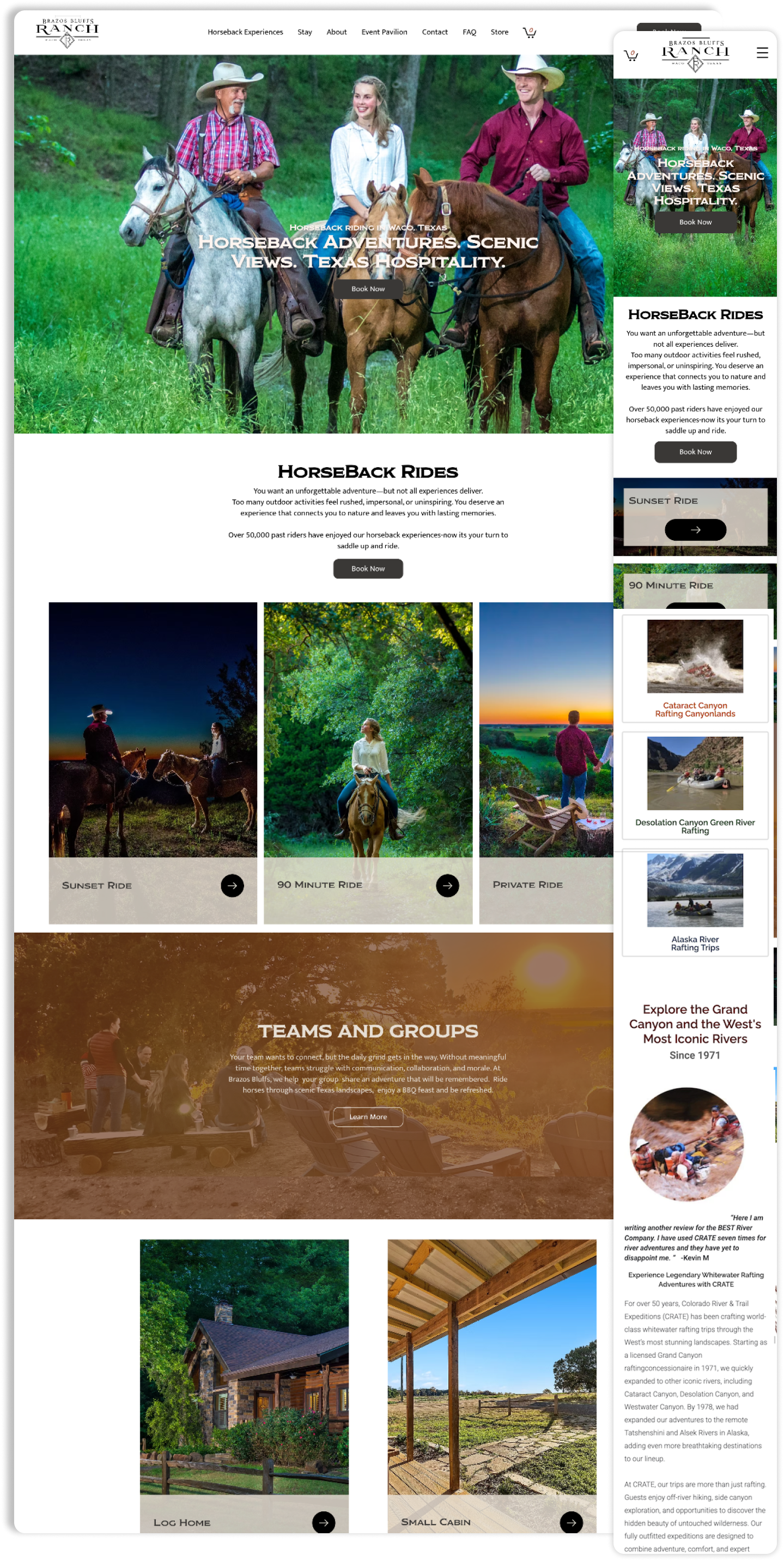 Website promoting outdoor adventures, featuring activities like rafting and off-roading in red rock canyons.