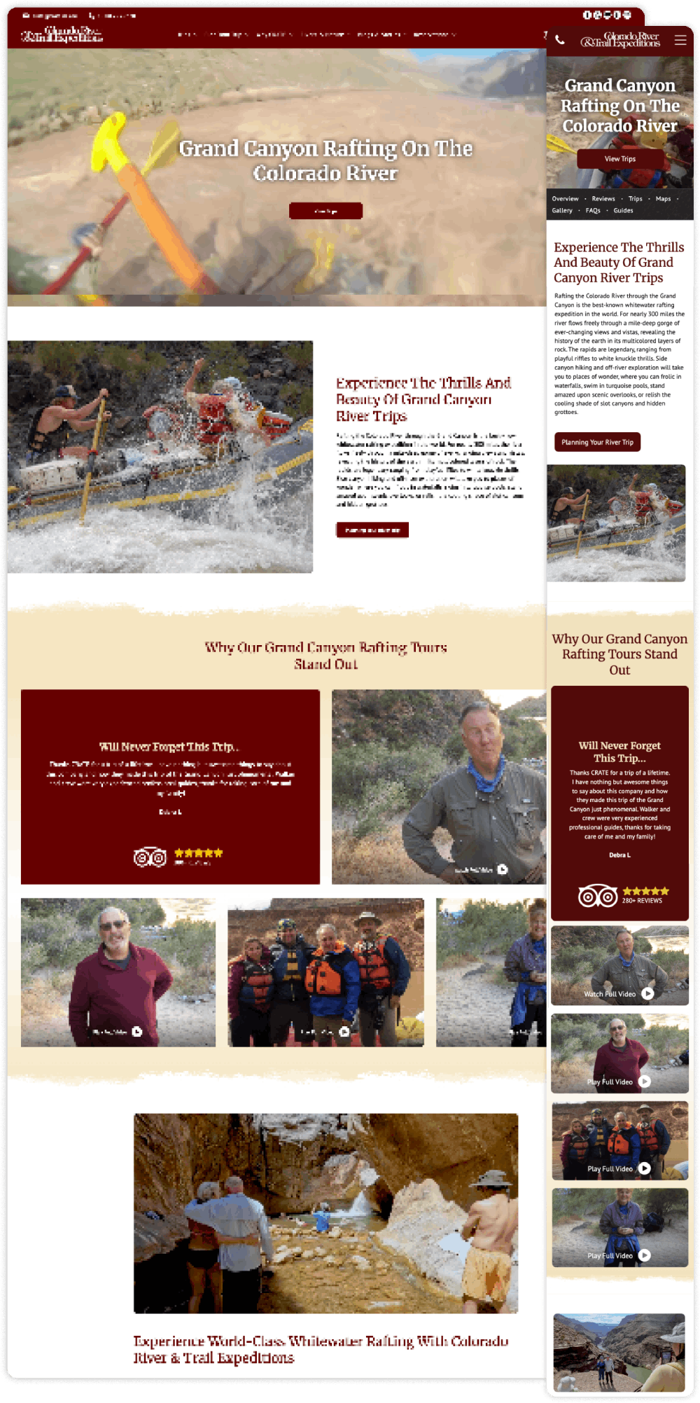 Website promoting outdoor adventures, featuring activities like rafting and off-roading in red rock canyons.