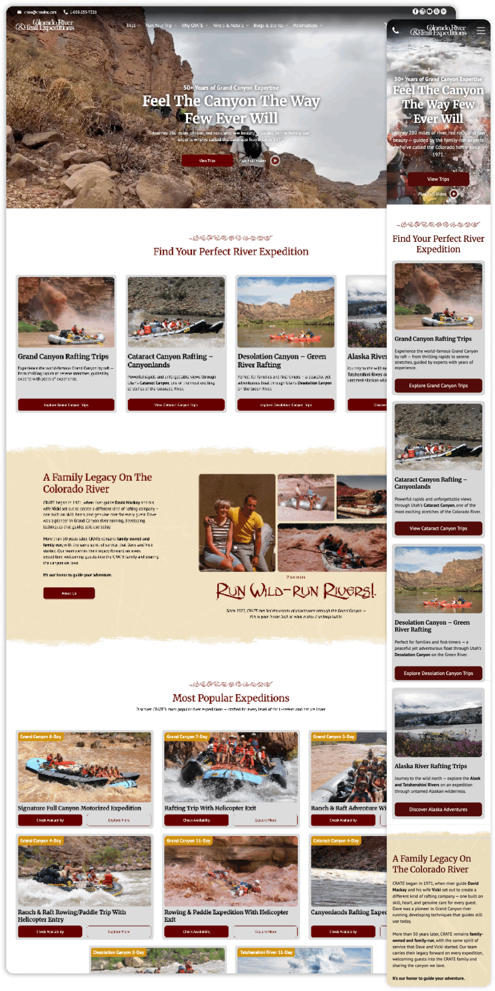 Website promoting outdoor adventures, featuring activities like rafting and off-roading in red rock canyons.