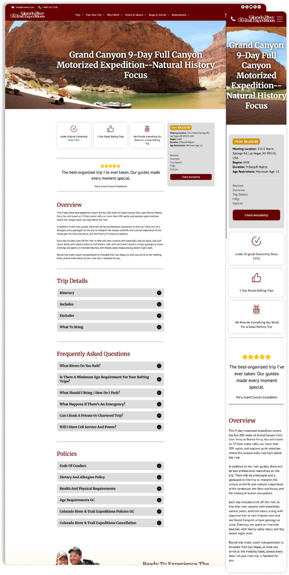 Website promoting outdoor adventures, featuring activities like rafting and off-roading in red rock canyons.