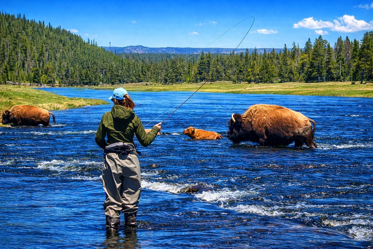 Person fly-fishing in a blue river with two bears nearby, forest and mountains in the background