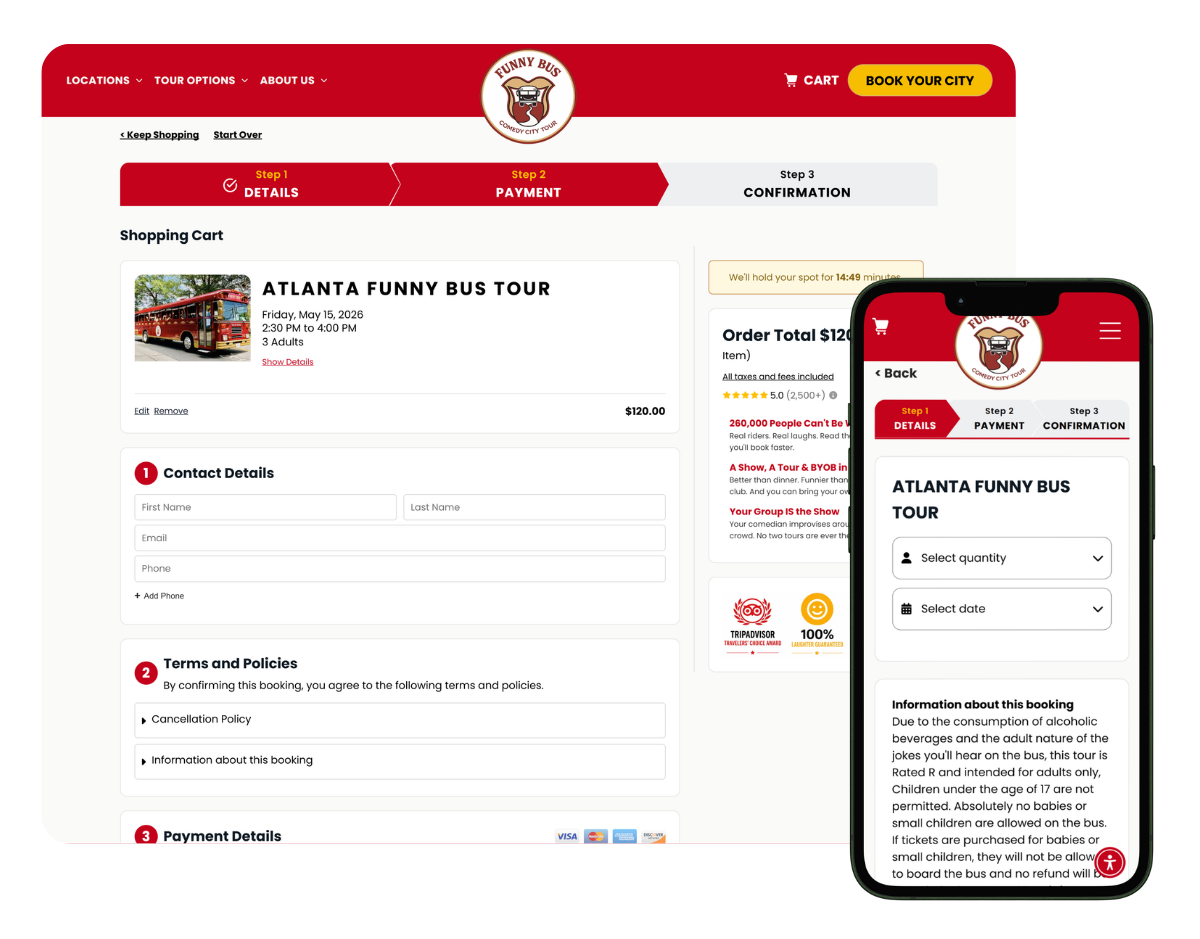 Red-and-white mobile ticket booking website shown on desktop and phone screens