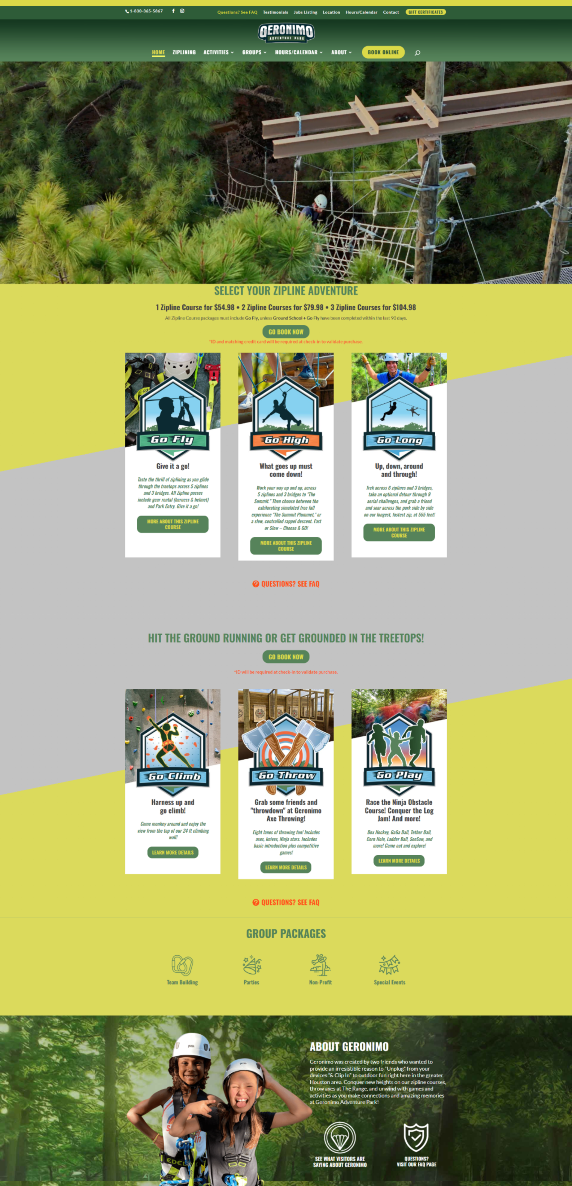 Outdoor adventure booking webpage with green-yellow theme, zipline hero image, and tour package cards
