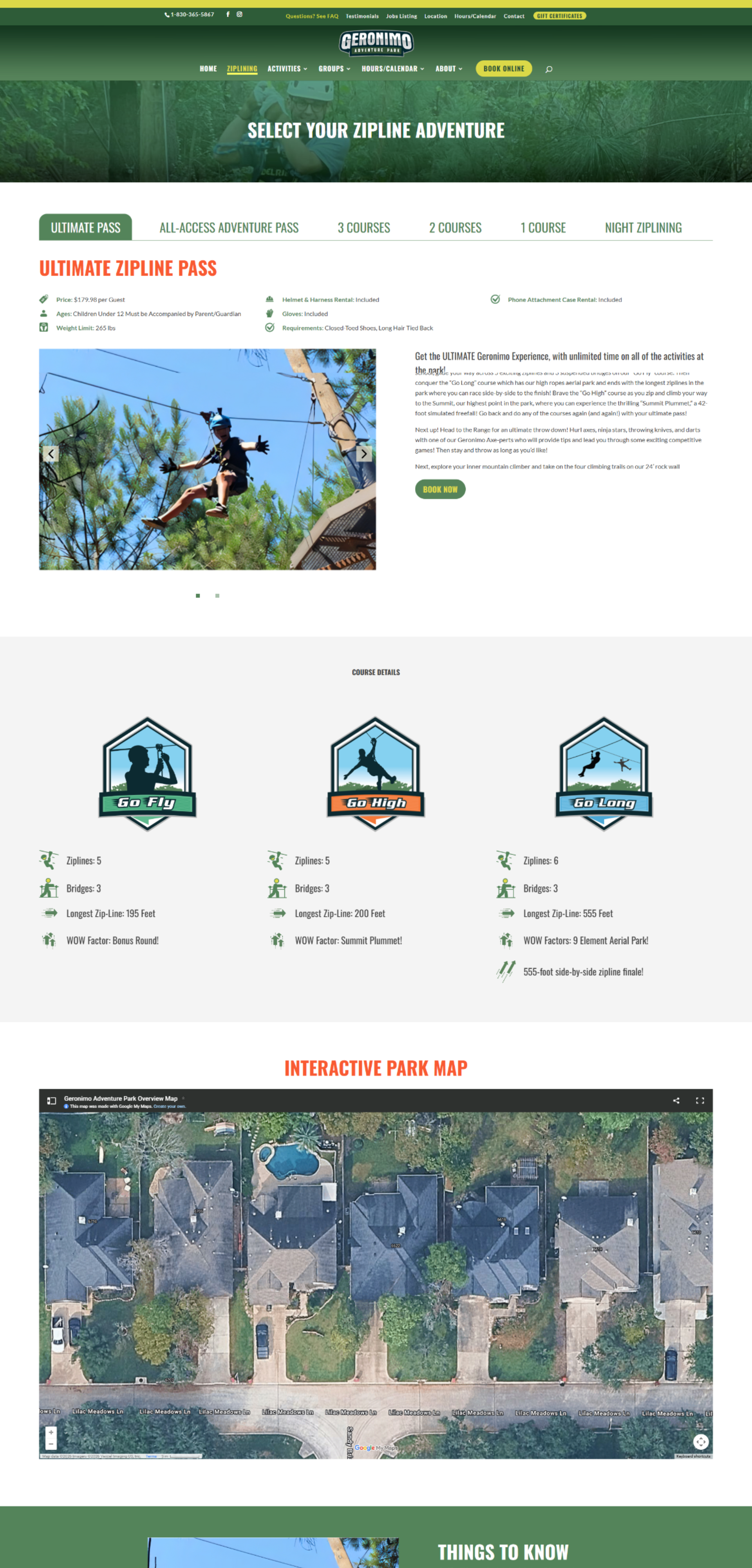 A webpage with a green header, a bird photo, feature icons, and a large aerial map at the bottom