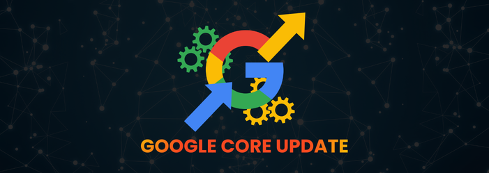 Google Core Update logo with colored arrows and gears on a dark background.