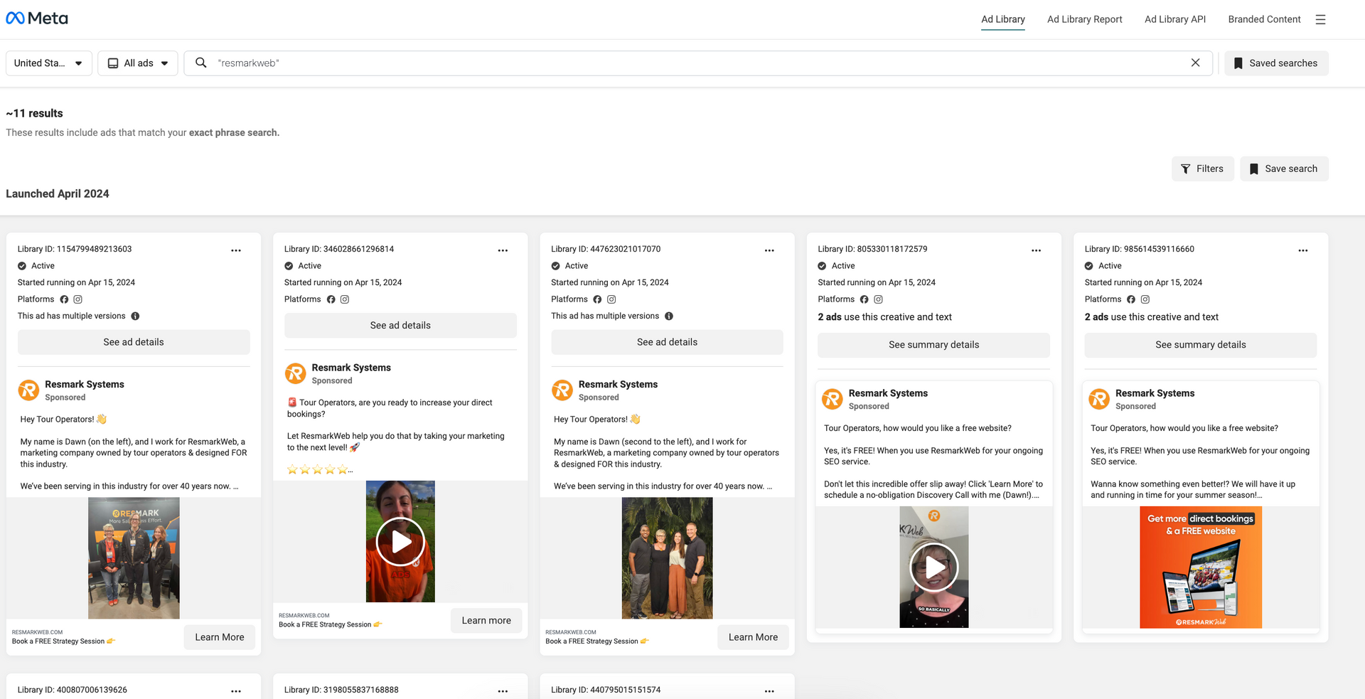 Screenshot of ResmarkWeb Facebook Ads Library 